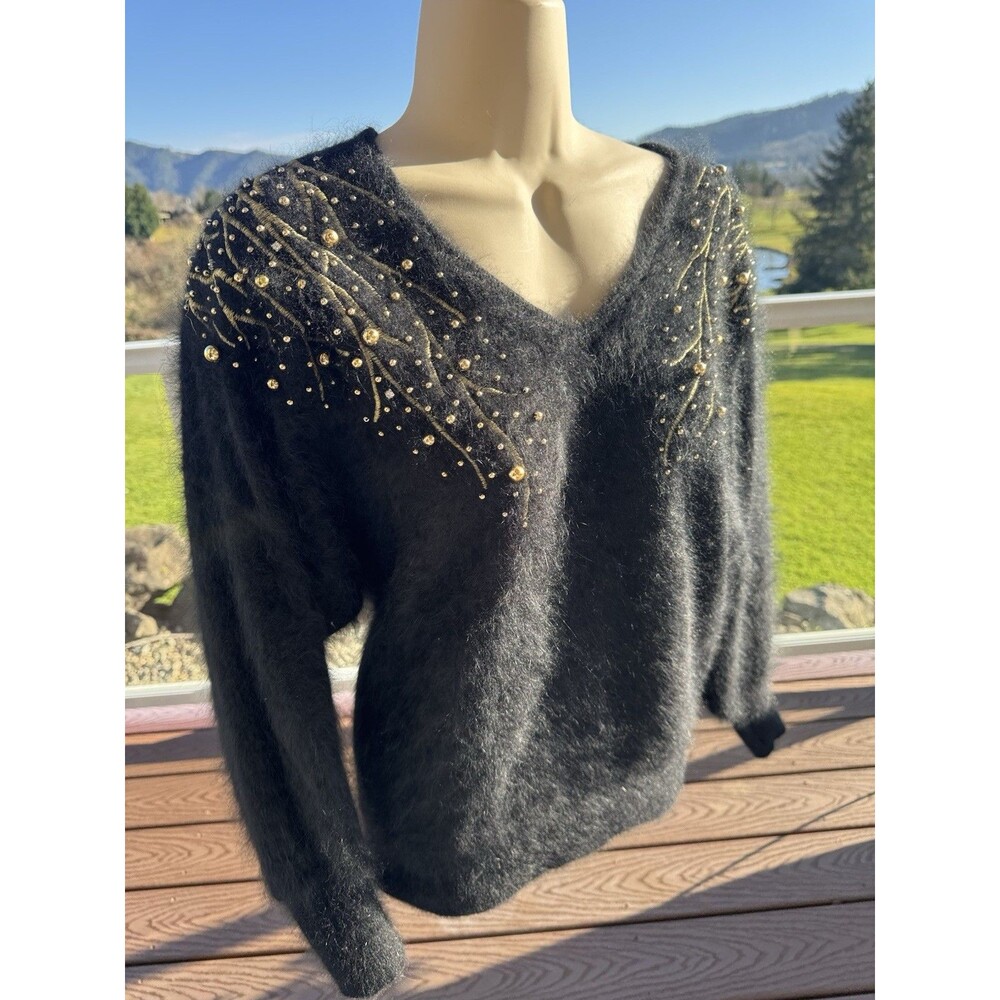 VTG Christine Phillipe 90% Fluffy Furry Hairy Angora Sweater Black Gold Beaded S